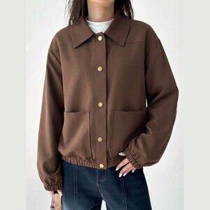 Brown Button Bomber Jacket with Patch Pockets